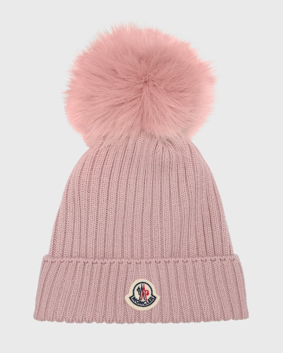 Ribbed Wool Beanie W/ Faux Fur Pom, Size S-L