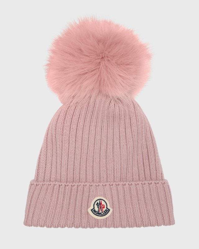 Ribbed Wool Beanie W/ Faux Fur Pom, Size S-L