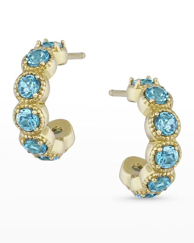 Yellow Gold Blue Zircon Wide Milgrain Huggie Earrings