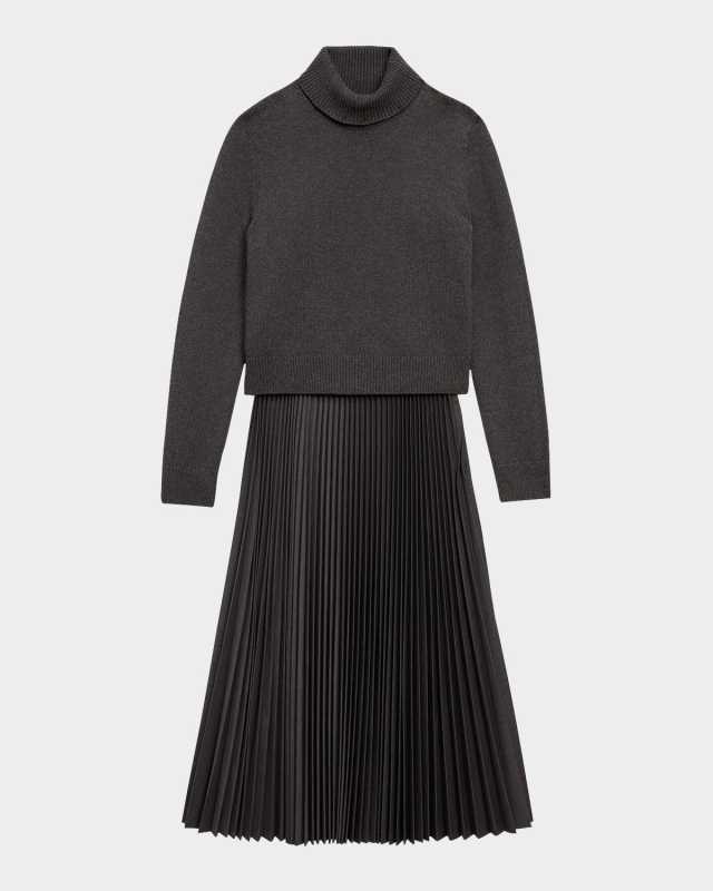 Turtleneck Wool Suiting Combo Midi Dress