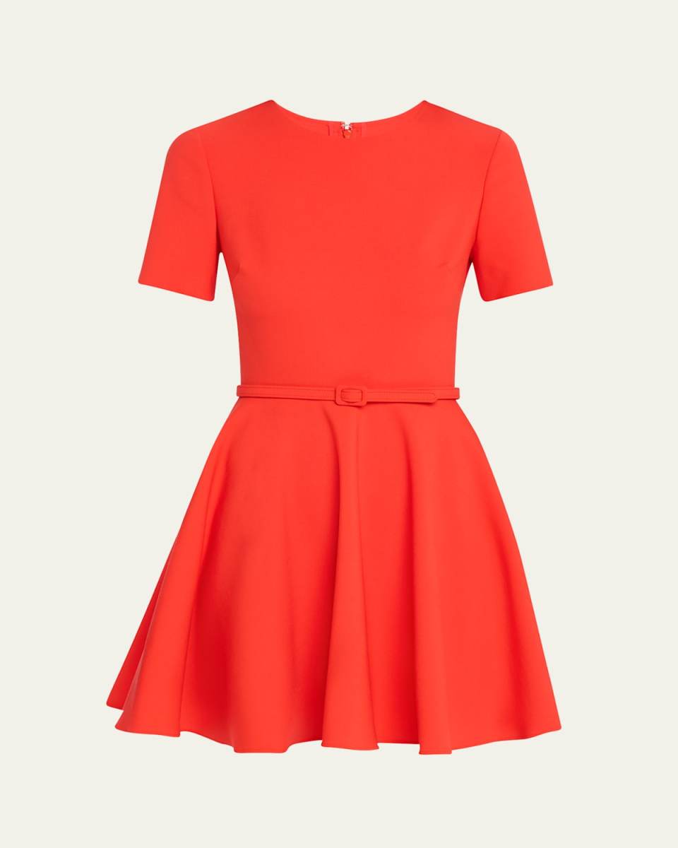 Belted Fit-Flare Wool Mini Dress