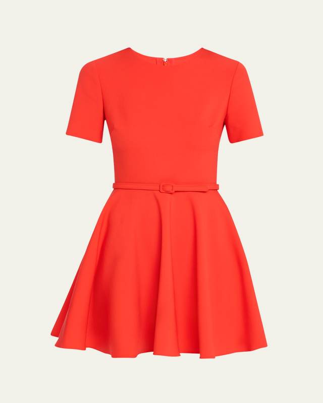 Belted Fit-Flare Wool Mini Dress