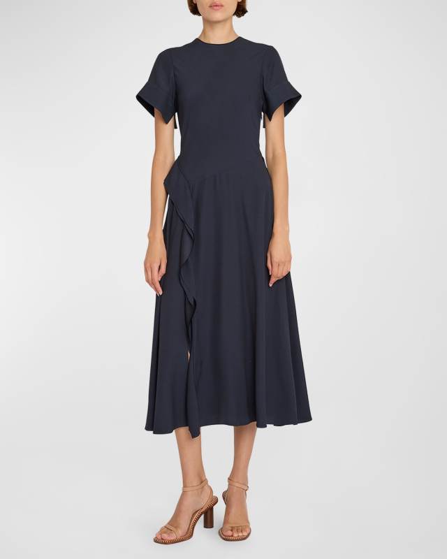 Cassia Ruffled Short-Sleeve Midi Crepe Dress