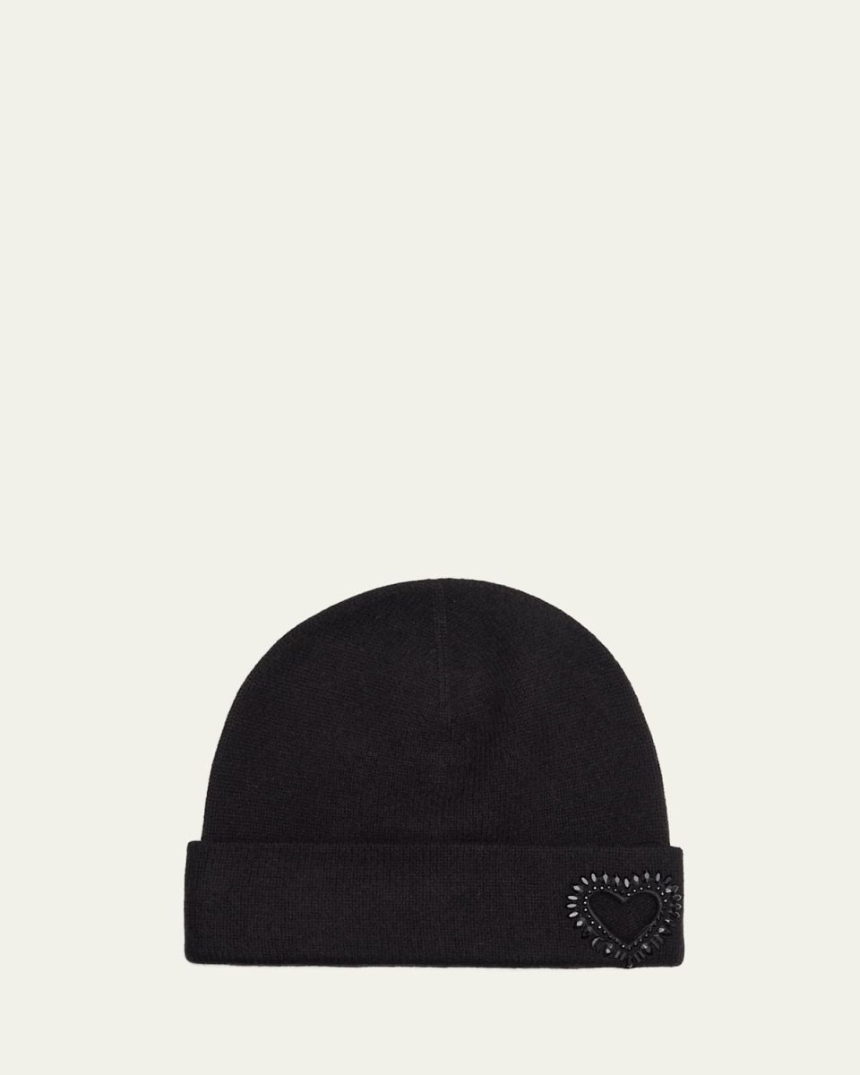 Cashmere Jersey Heart Cutout & Beaded Crystal Beanie