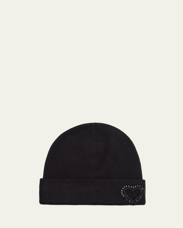 Cashmere Jersey Heart Cutout & Beaded Crystal Beanie