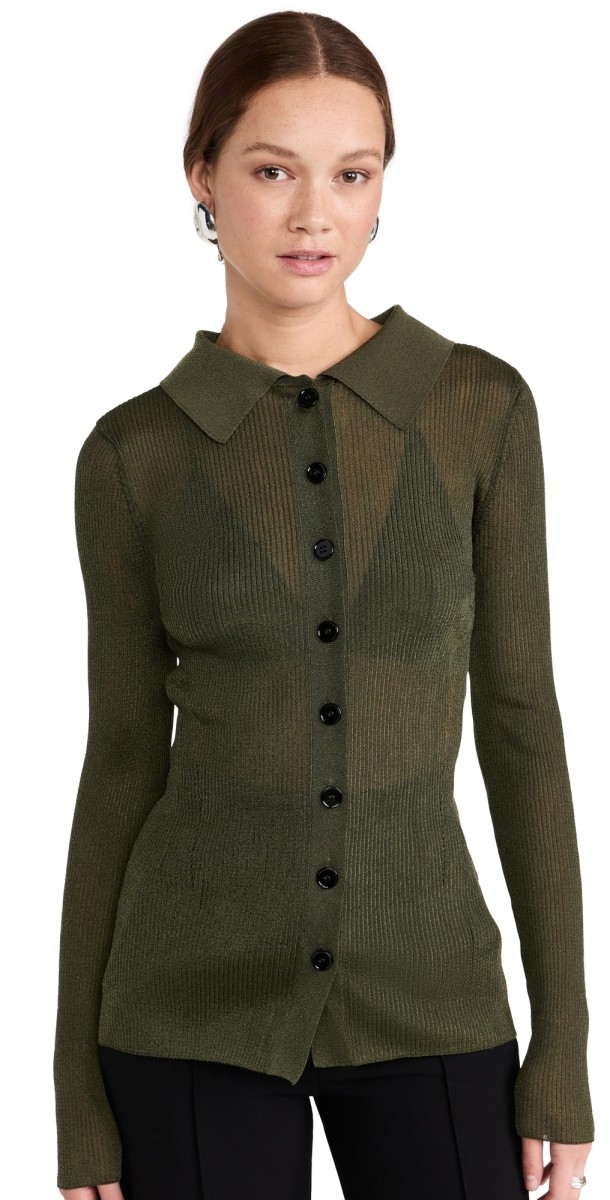 RECTO Both Sides Opening Fitted Sheer Knit Top Khaki
