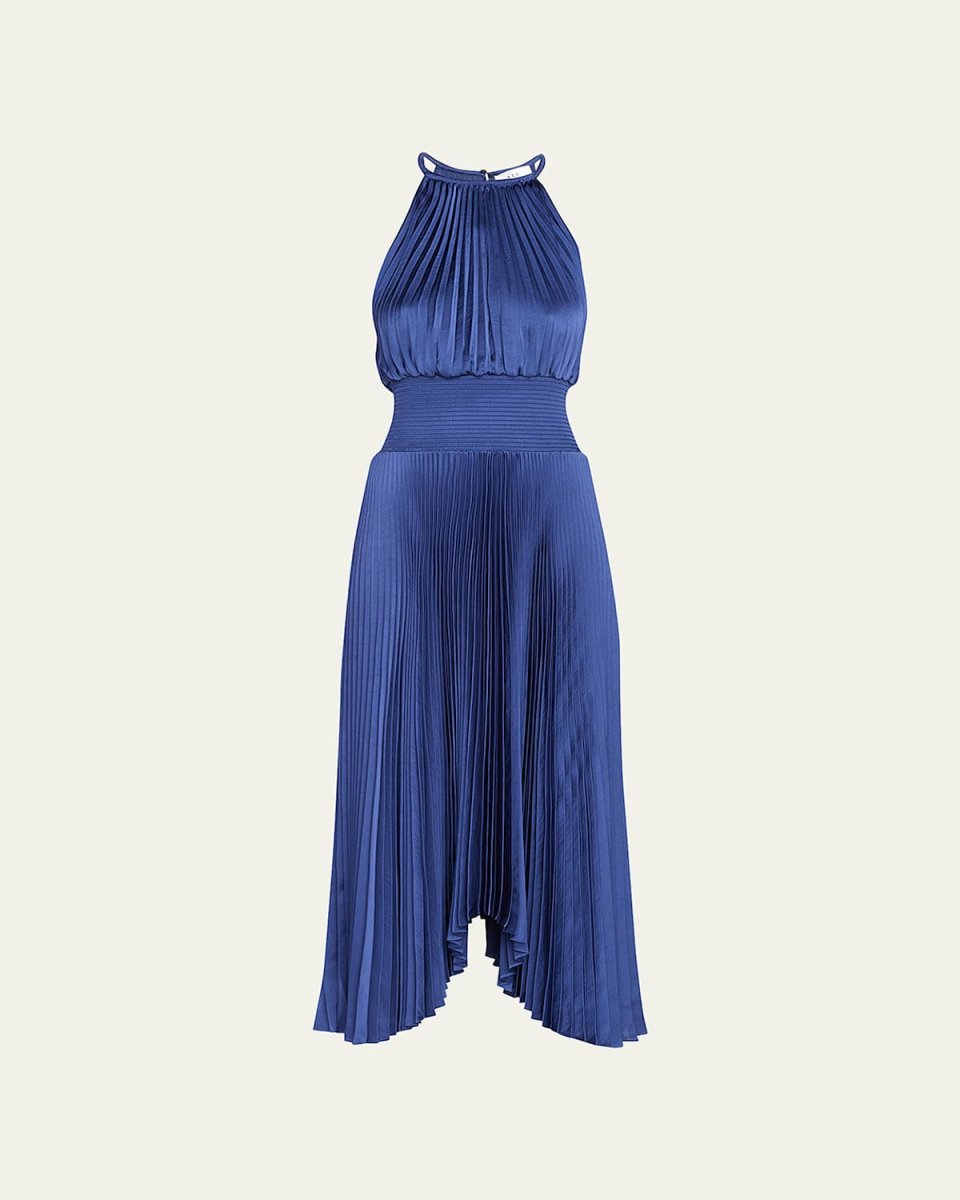 Renzo II Satin Pleated High-Neck Midi Dress