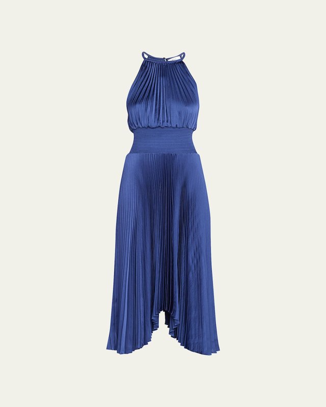 Renzo II Satin Pleated High-Neck Midi Dress