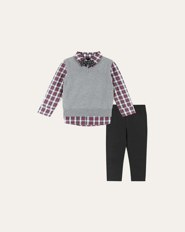Boy's Holiday Checkered Button Down W/ Sweater Vest & Bow Tie, Size 2-7