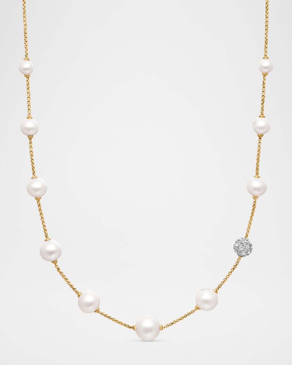 Pearl and Pave Station Necklace with Diamonds in 18K Gold, 1.25mm, 16-18"L