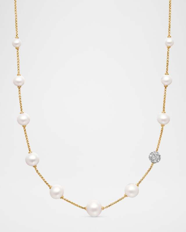 Pearl and Pave Station Necklace with Diamonds in 18K Gold, 1.25mm, 16-18"L