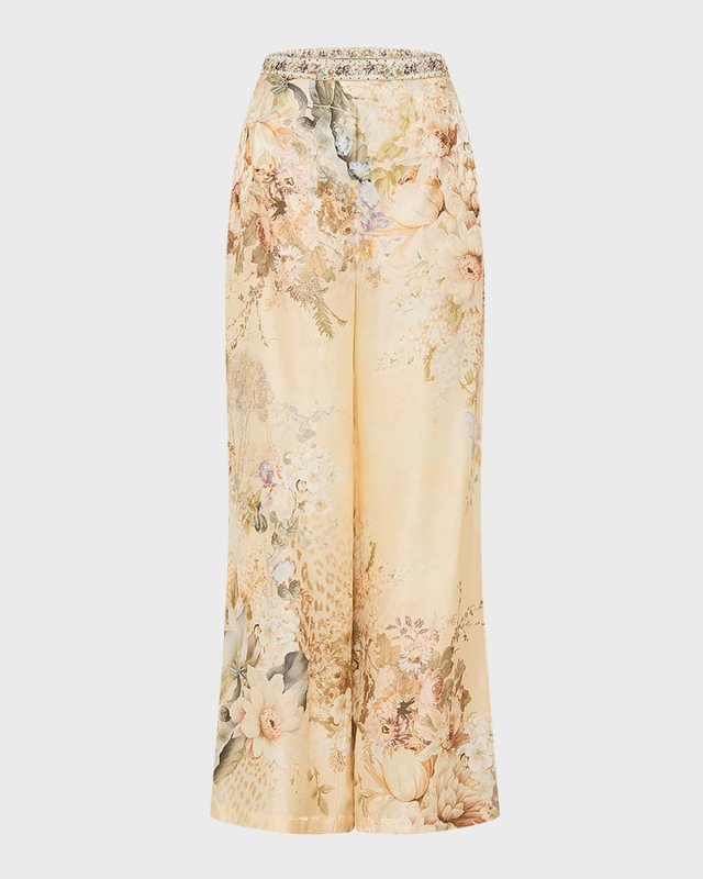 Minimal Floral Silk-Blend Wide-Leg Pants