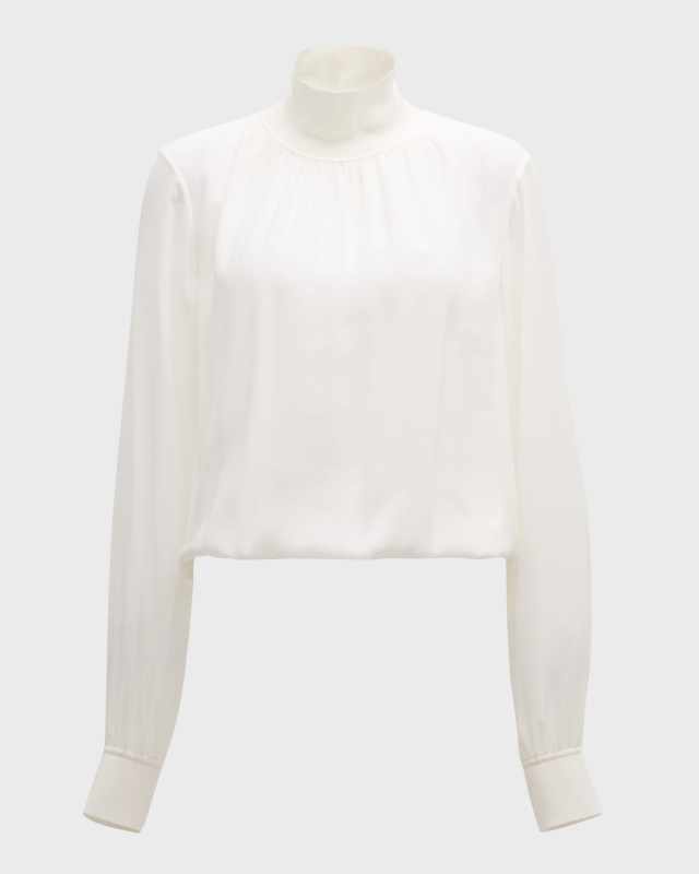 Turtleneck Blouson-Sleeve Silk Georgette Blous