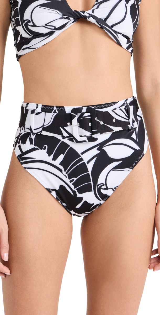 Ramy Brook Palm Printed Charley Bikini Bottoms Black/White Exotic Palm Print