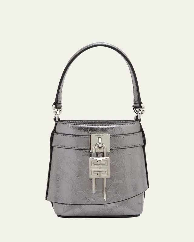 Shark Lock Micro Bucket Bag in Metallized Laminated Leather