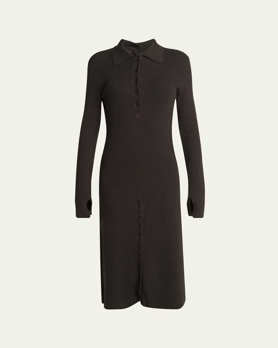 Ribbed Multi Button Collared Wool Midi Dress