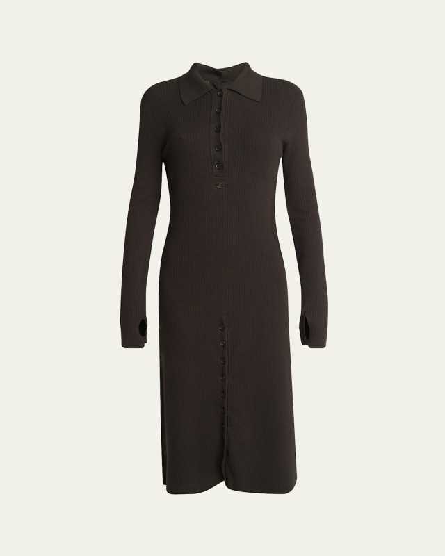 Ribbed Multi Button Collared Wool Midi Dress