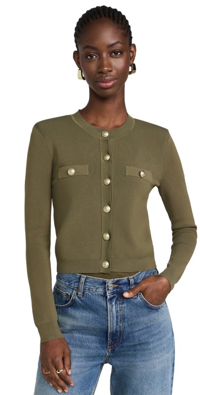 L'AGENCE Toulouse Crop Crew Neck Cardigan Pine/Gold