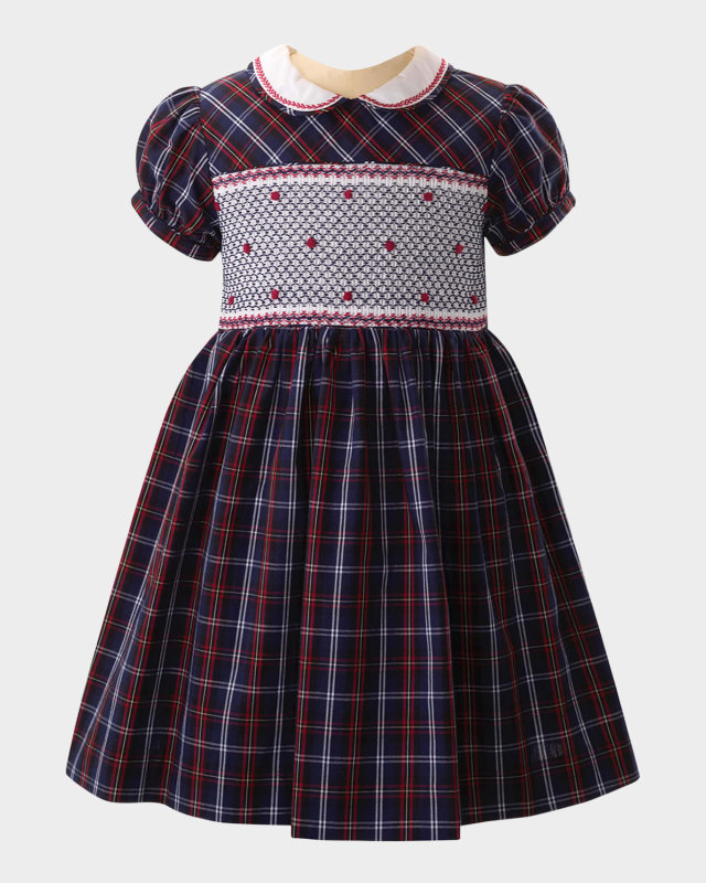 Girl's Check-Print Smocked Dress, Size 2-10