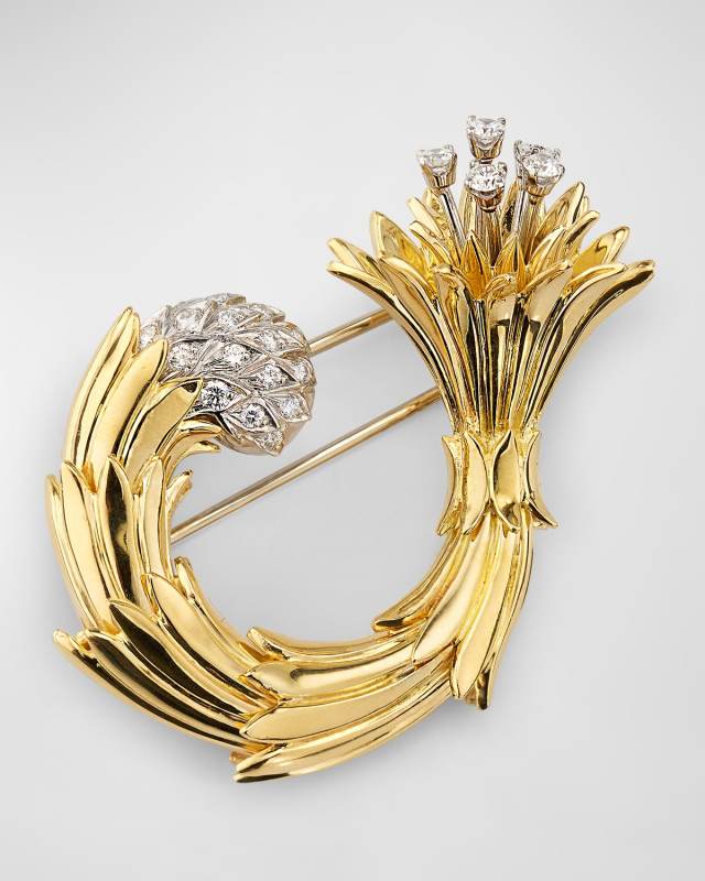 Estate Tiffany 18K Yellow Gold and Platinum Diamond Fluted Trumpet Clip Pin