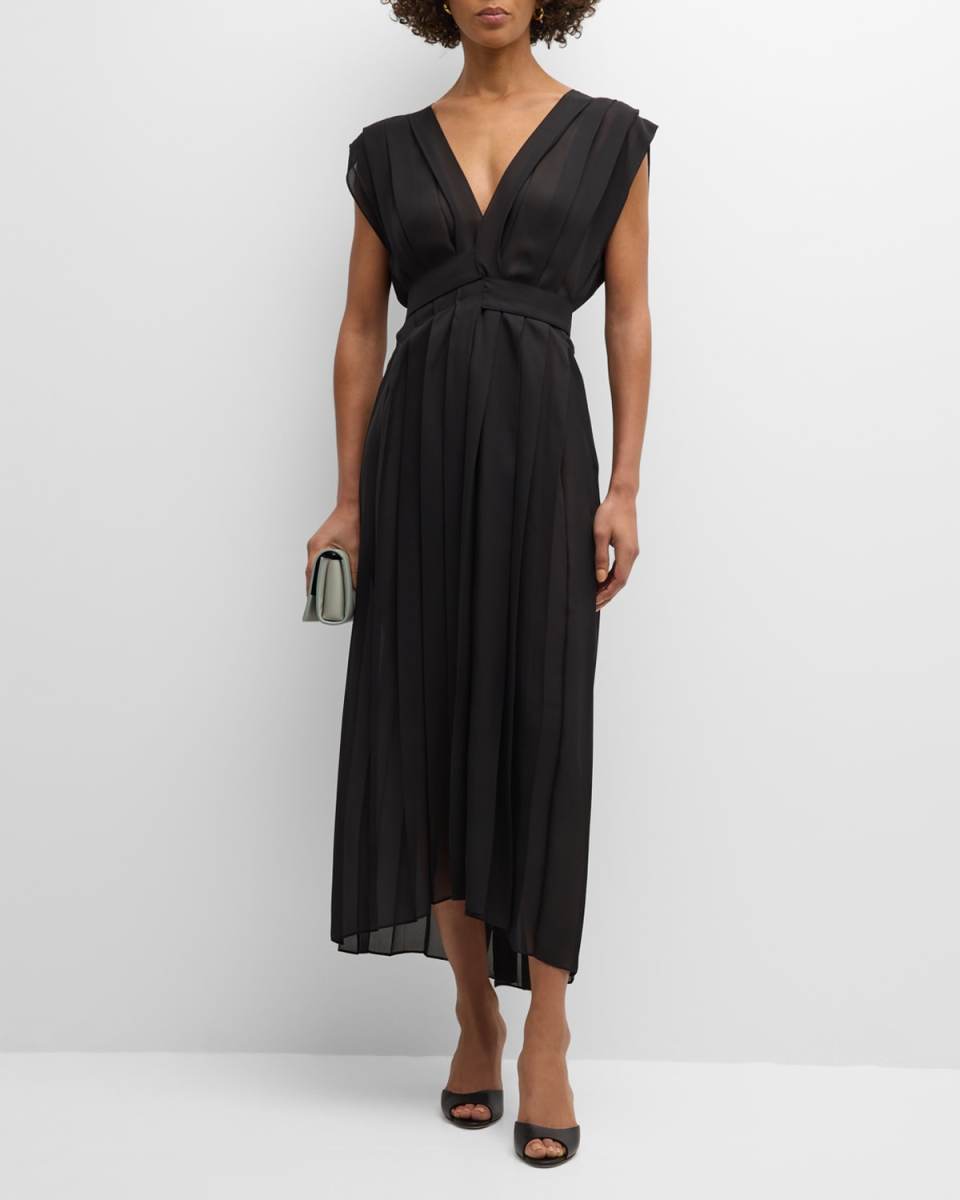 Pleated Cap-Sleeve Chiffon Empire Midi Dress