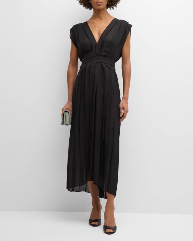 Pleated Cap-Sleeve Chiffon Empire Midi Dress