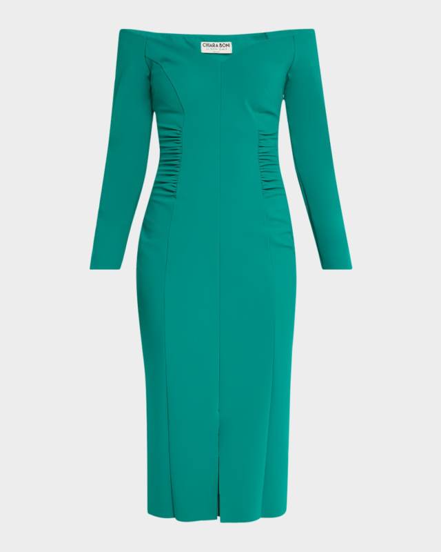 Ruched Off-Shoulder Bodycon Midi Dress