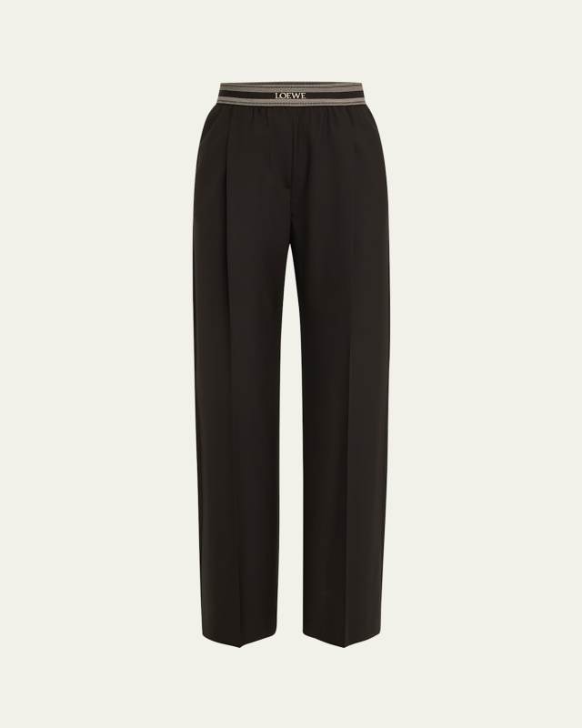 Logo Waistband Pintuck Wool Trousers