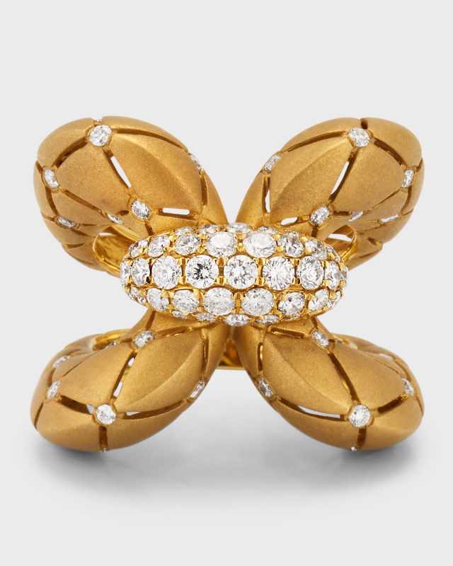 18K Yellow Gold Satin Finish X-Shaped Diamond Ring, Size 7