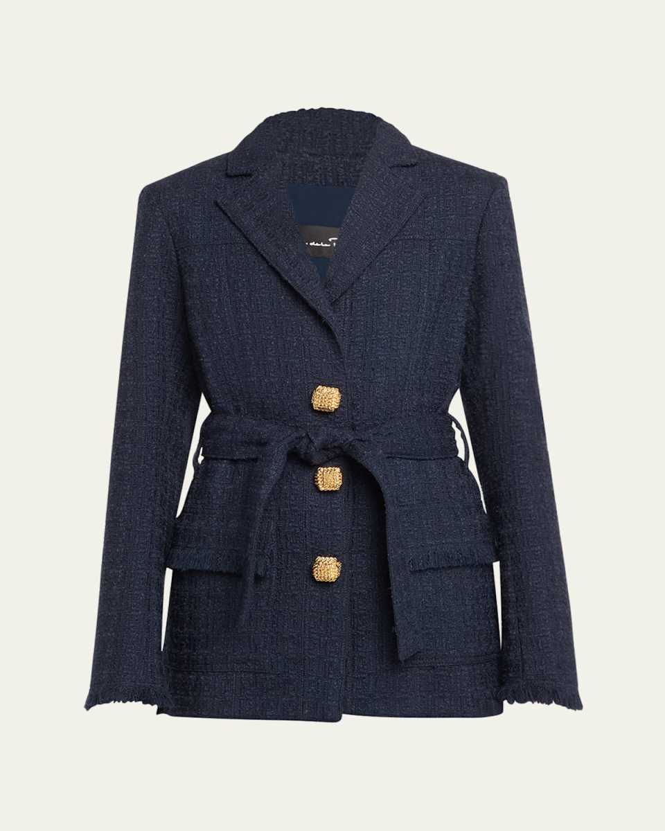 Long-Sleeve Belted Single-Breasted Boucle Jacket
