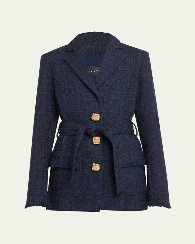 Long-Sleeve Belted Single-Breasted Boucle Jacket