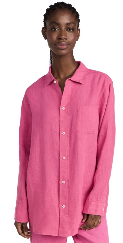 Desmond & Dempsey Cerise Lounge Shirt Plain Linen Cerise