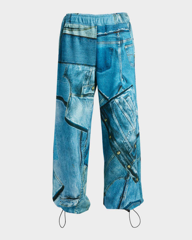 Denim-Print Drawstring Gym Pants