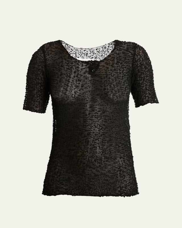 Dotted Mesh Crew-Neck Knit Top