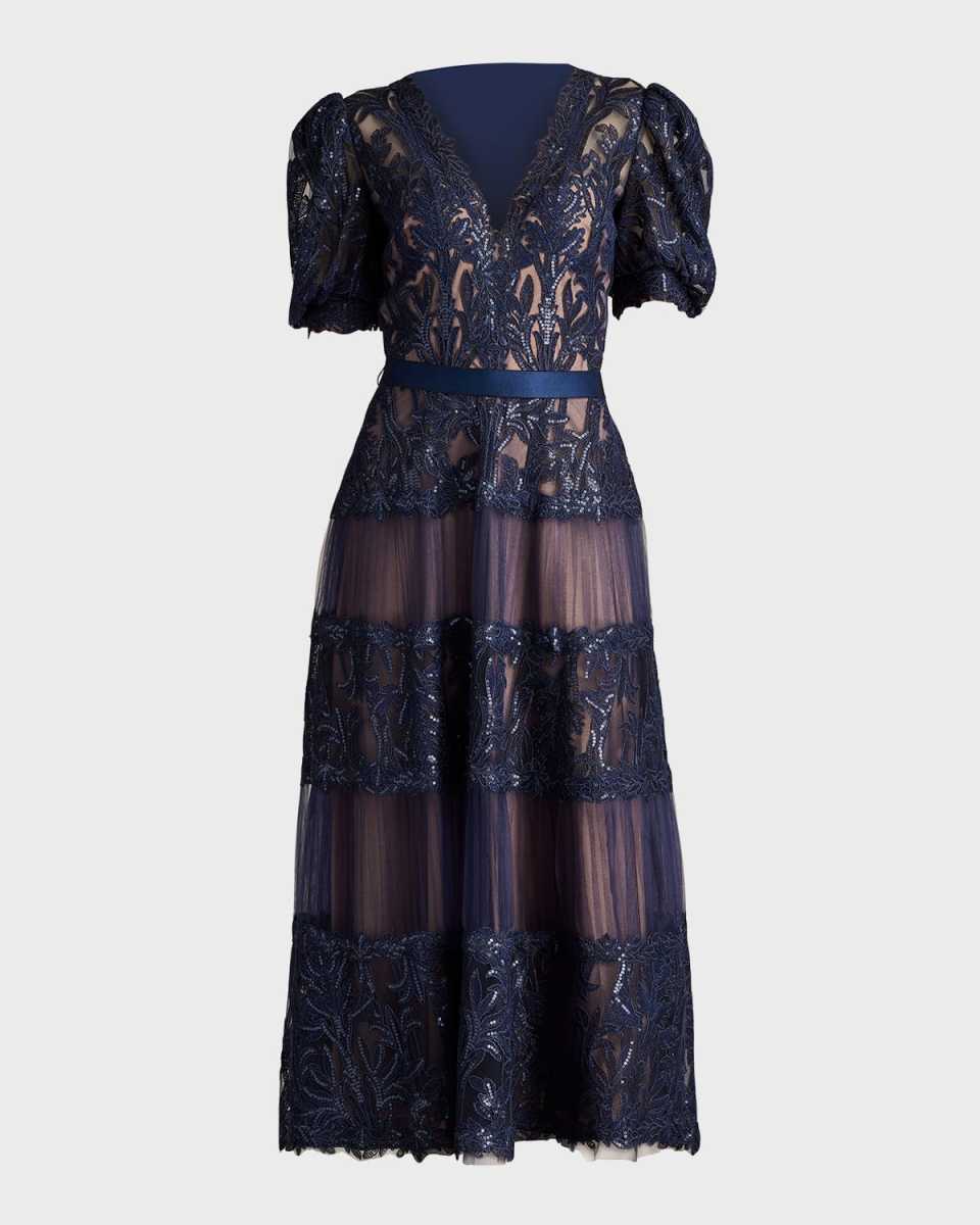 Tiered Puff-Sleeve Sequin Lace Midi Dress