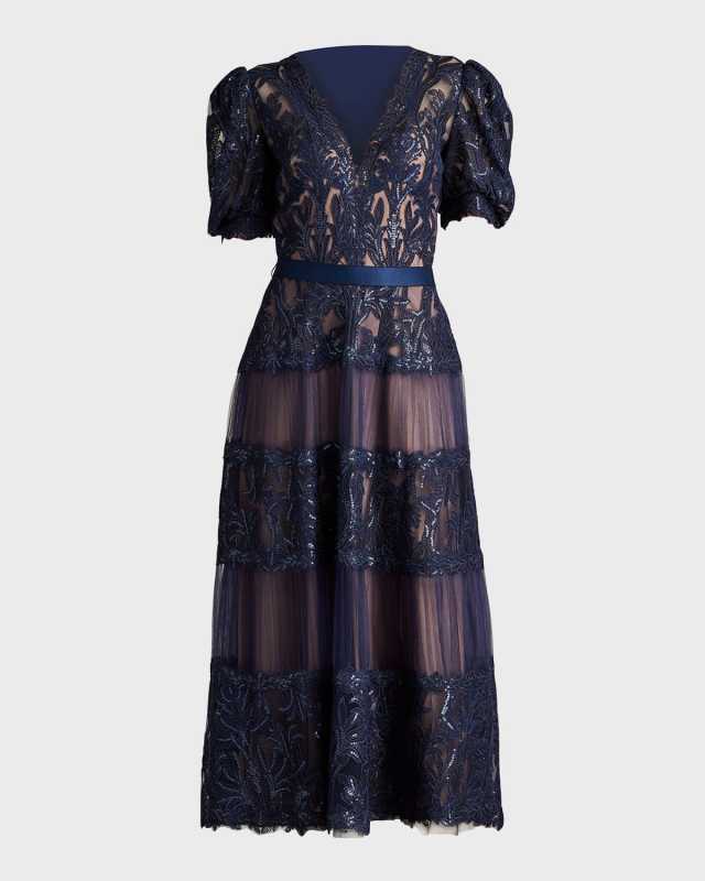Tiered Puff-Sleeve Sequin Lace Midi Dress