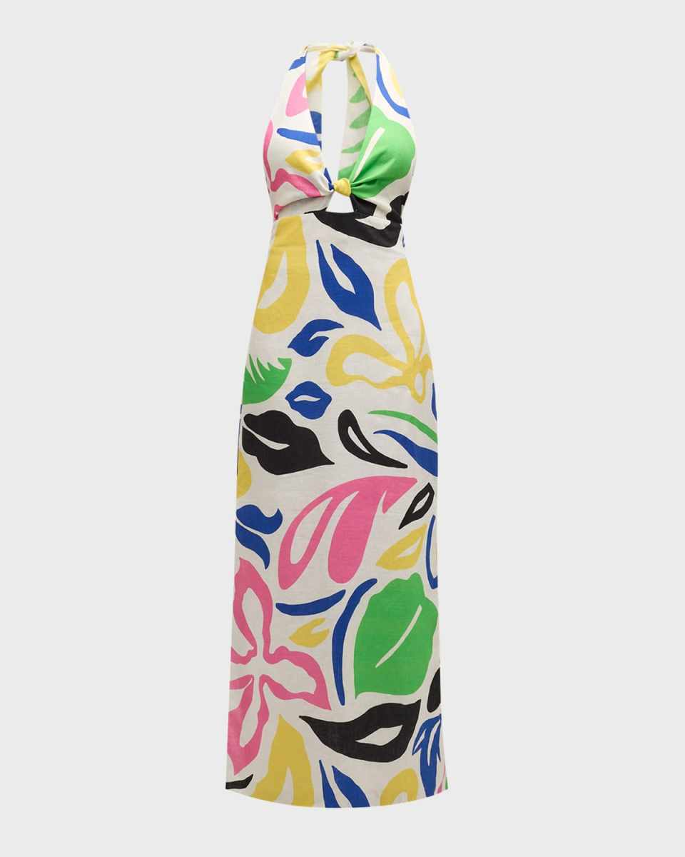 Eli Floral Linen Long Backless Halter Dress