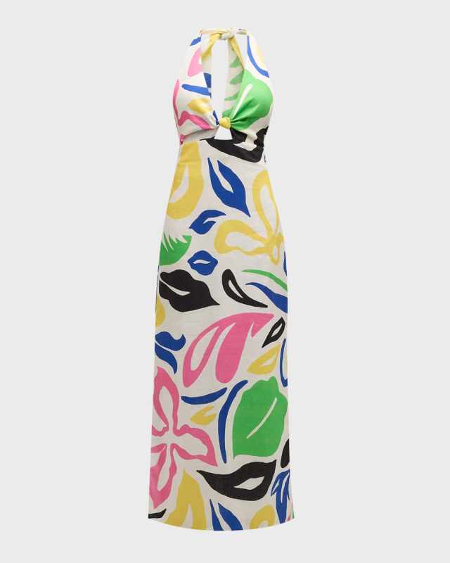 Eli Floral Linen Long Backless Halter Dress