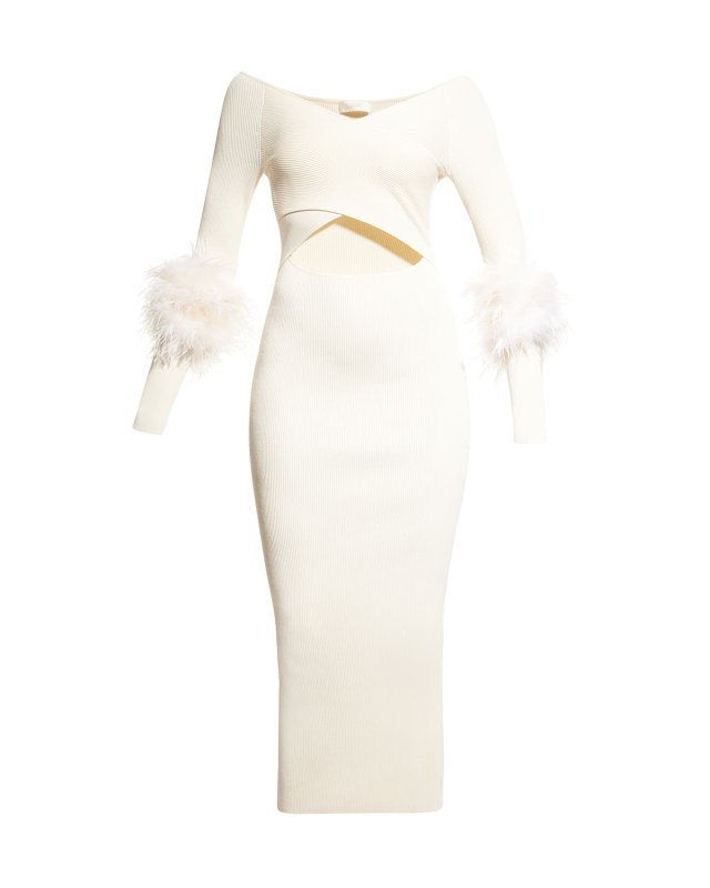 Criss-Cross Cutout Midi Dress w/ Feather Tri