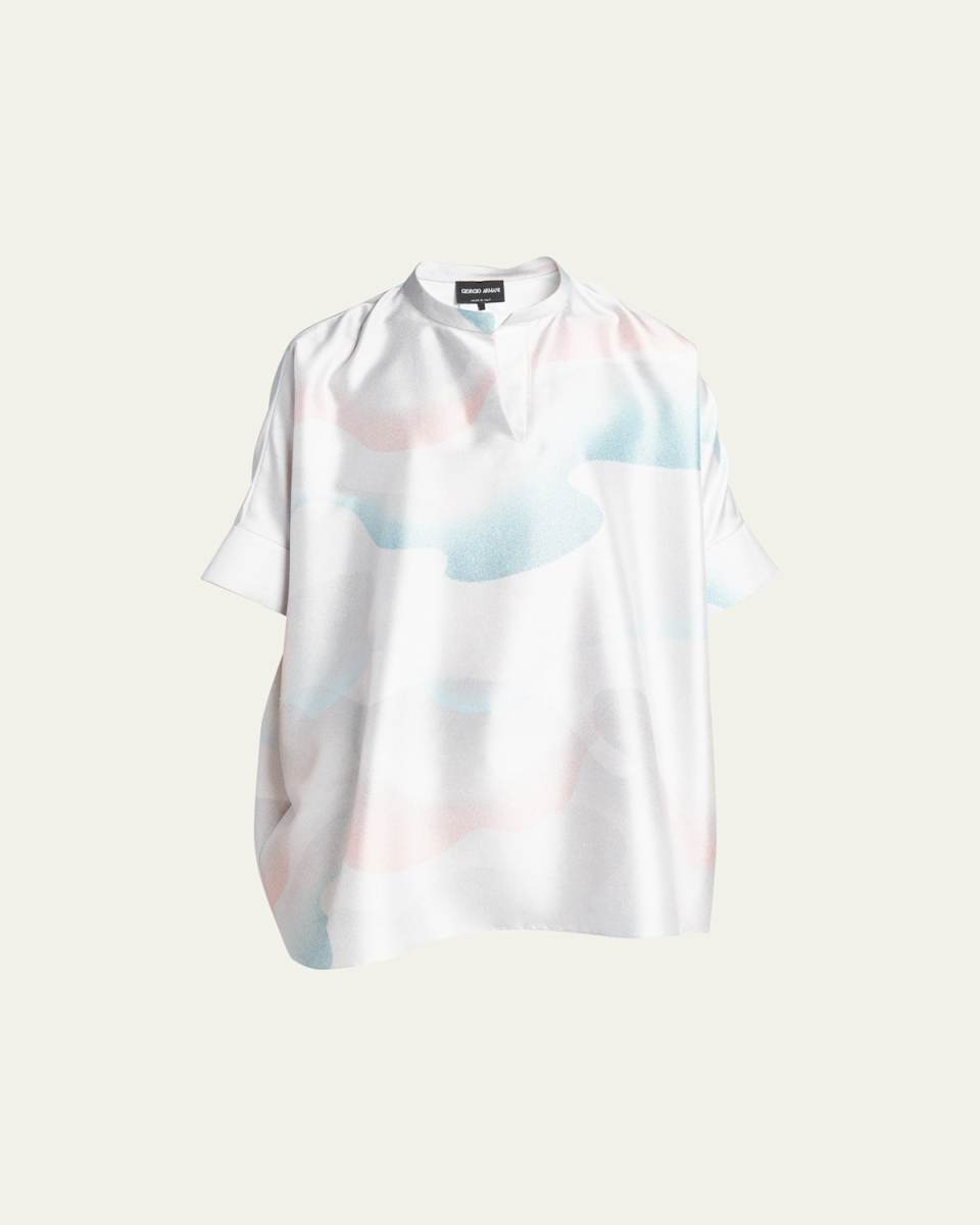 Wave-Print Oversized Silk Blouse