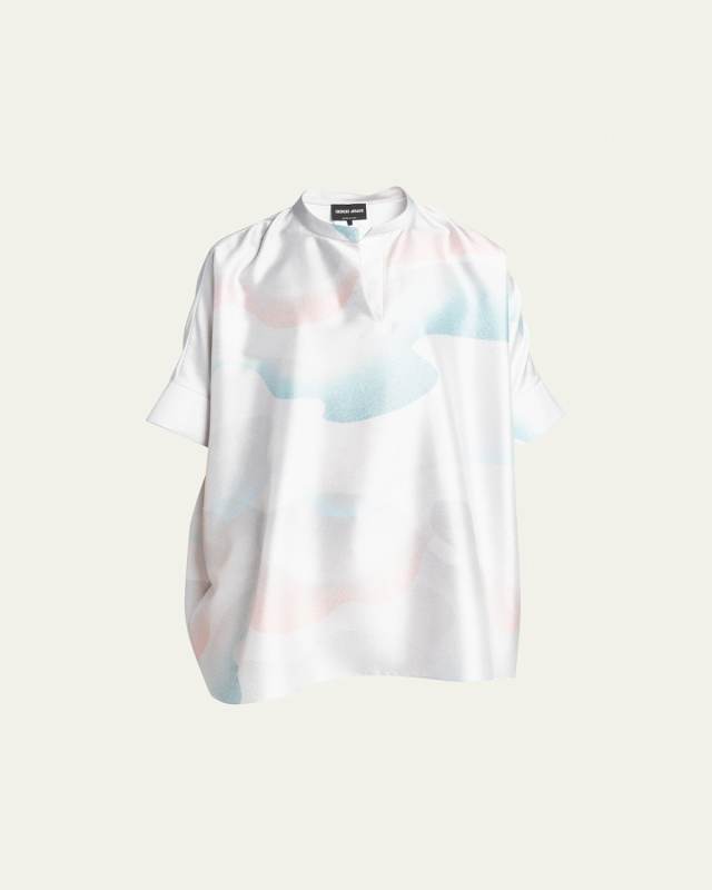 Wave-Print Oversized Silk Blouse