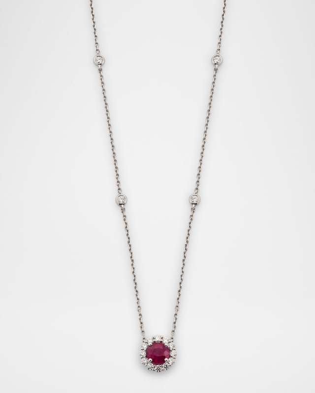 18K White Gold Burma Ruby Necklace with Diamonds, 16.5"L