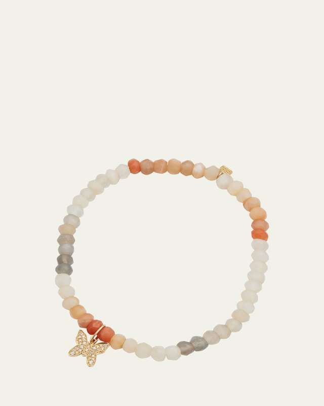 14K Mini Pave Butterfly Charm on Multi Moonstone Faceted Rondelle Bead Bracelet