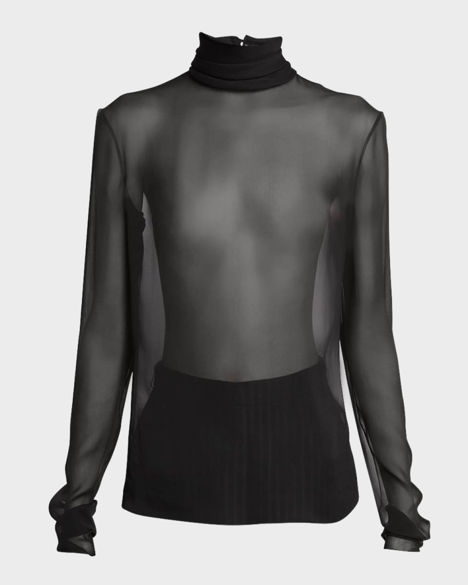 Long-Sleeve Back-Drape Sheer Chiffon Blouse
