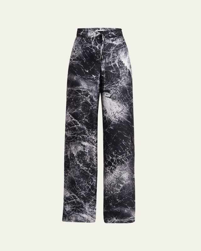 Smashed Screen Print Drawstring Wide Leg Silk Trousers