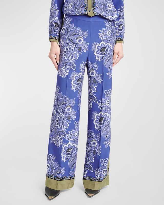 High-Rise Bandana Border-Print Wide-Leg Silk Pull-On Pants