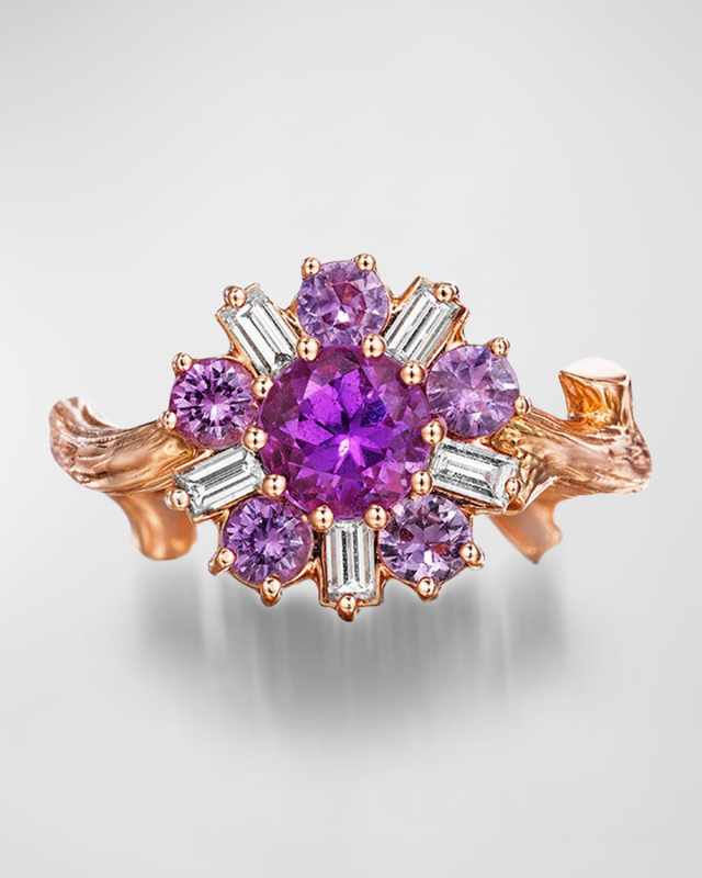 18K Rose Gold Wonderland Ballerina Ring with Pink Sapphire and Diamond Flower, Size 6