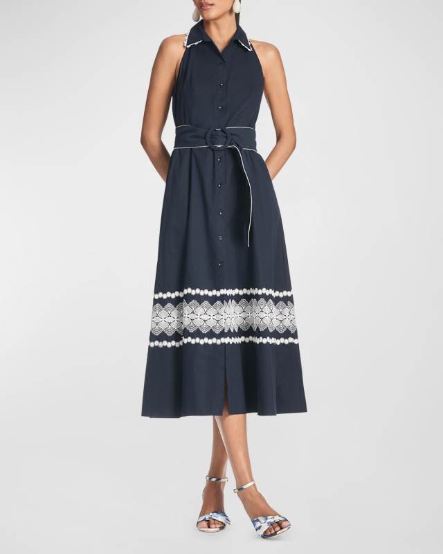Georgia Lace-Trim Cotton Midi Shirtdress