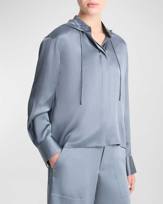 Hooded Long-Sleeve Button-Front Silk Shirt