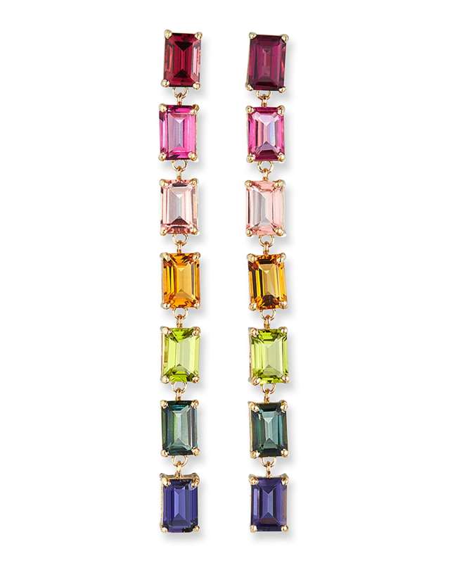 14K Yellow Gold Rainbow Emerald-Cut Dangle Earrings